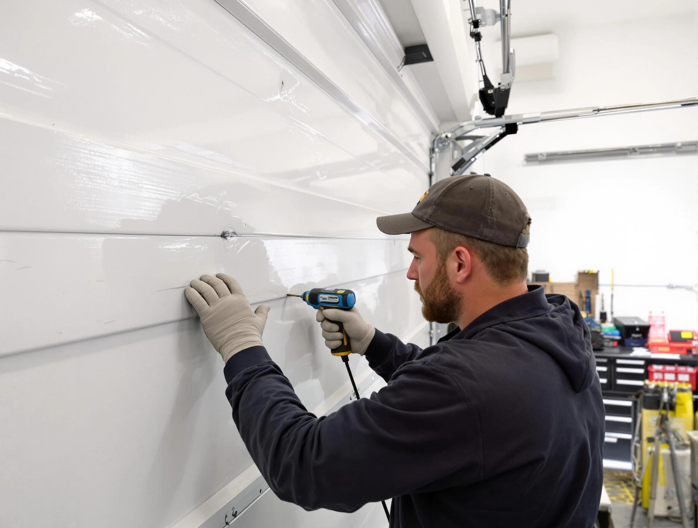 Applewood Garage Door Repair technician demonstrating precision dent removal techniques on a Applewood garage door