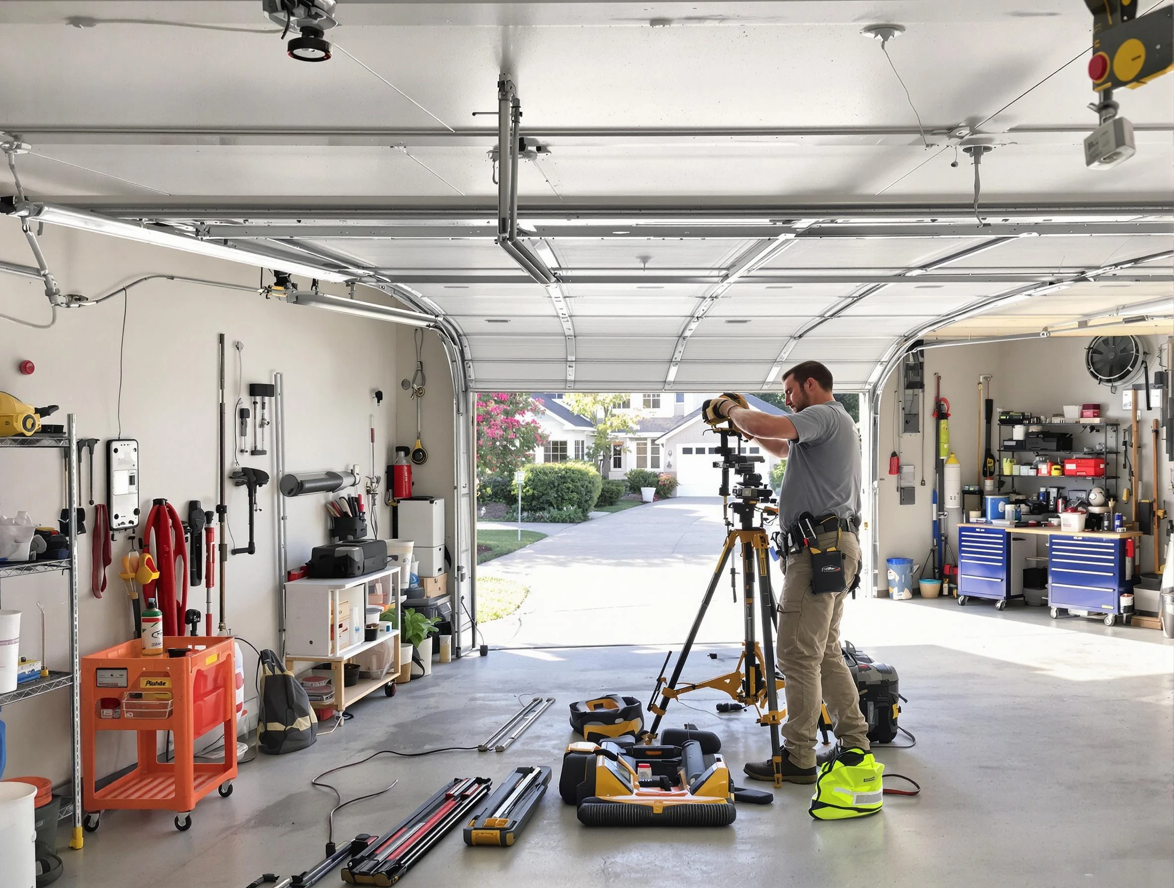 Applewood Garage Door Repair specialist performing laser-guided track alignment in Applewood